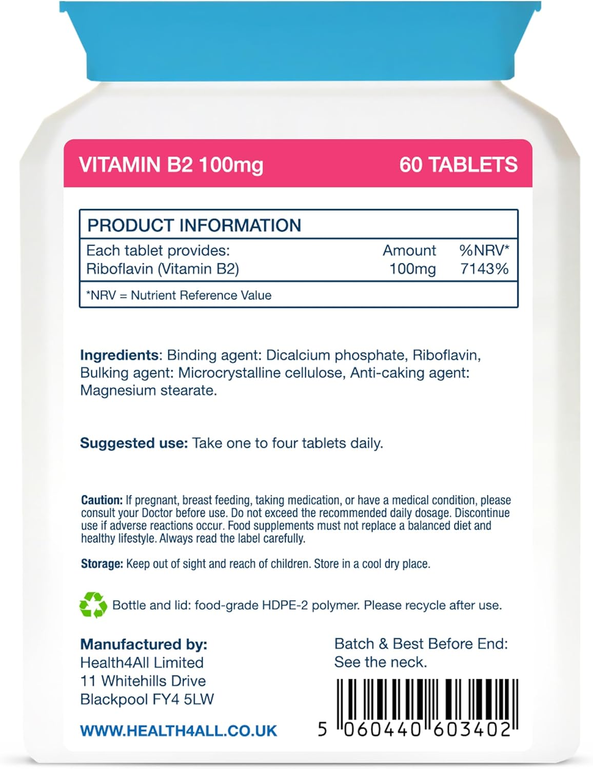 Vitamin B2 Riboflavin 100mg 120 Tablets Migraine Support, Stress and Energy. Vegan. Made by Health4All : Amazon.co.uk: Health & Personal Care