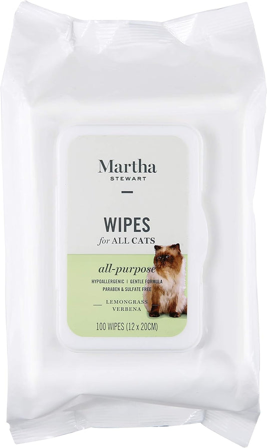 MARTHA STEWART for Pets Lemongrass Verbena Cat Wipes | Hypoallergenic Cat Bath Wipes, 100 Count - 24 Pack | Easy and Effective Way to Clean Your Cat Without A Bath