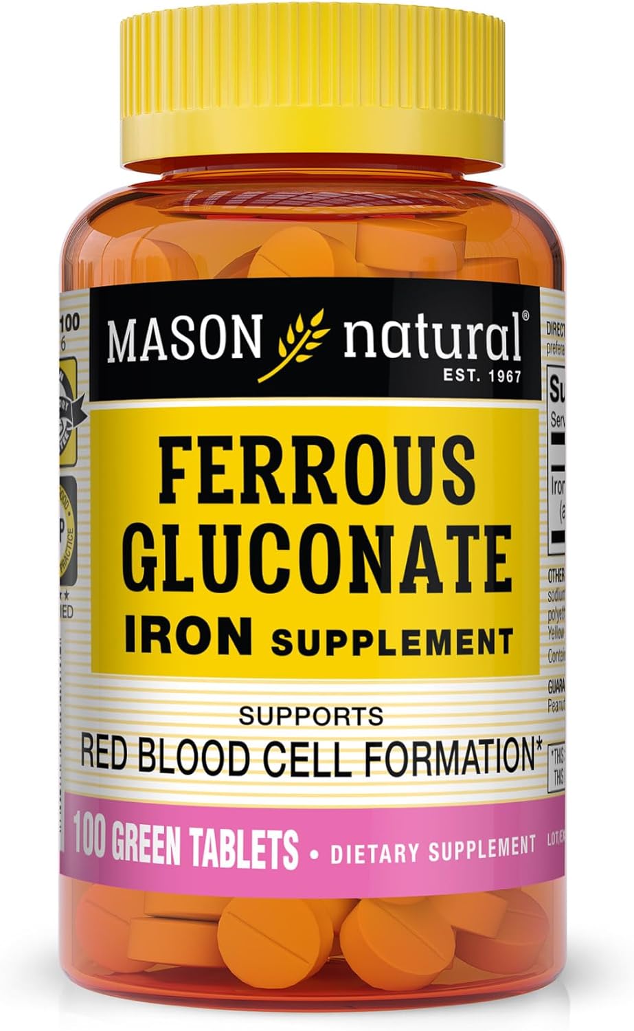 Mason Natural Ferrous Gluconate - Supports Red Blood Cell Formation, Gentle on Stomach Iron Supplement, 100 Tablets