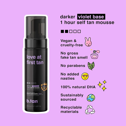 b.tan Violet Self Tanner | Love At First Tan - Fast, 1 Hour Sunless Tanner Mousse, Violet-Based, Knocks Out Orange Tones, No Fake Tan Smell, No Added Nasties, Vegan, Cruelty Free, 6.7 Fl Oz