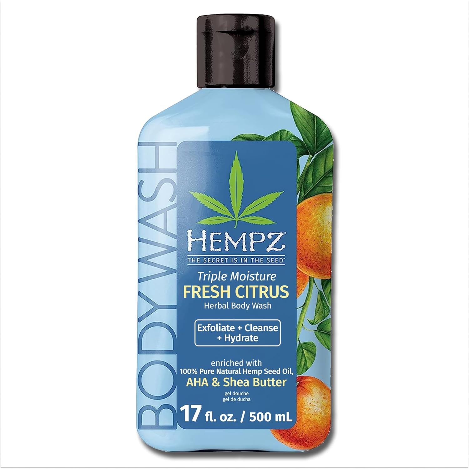 Hempz Triple Moisture Body Wash - Grapefruit & Peach - Hydrating For Sensitive Skin, Scented, Exfoliating With Shea Butter, Pure Hemp Seed Oil, And Algae For Sensitive Skin - 17 Fl Oz