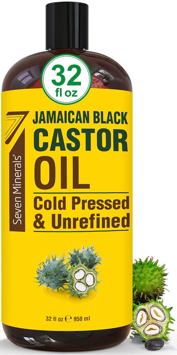 Seven Minerals, Pure Jamaican Black Castor Oil - Big 32 Fl Oz Bottle - Unrefined & Hexane Free - For Hair Growth, Thicker Eyelashes & Eyebrows, Dry Skin, Healing, Hair Care