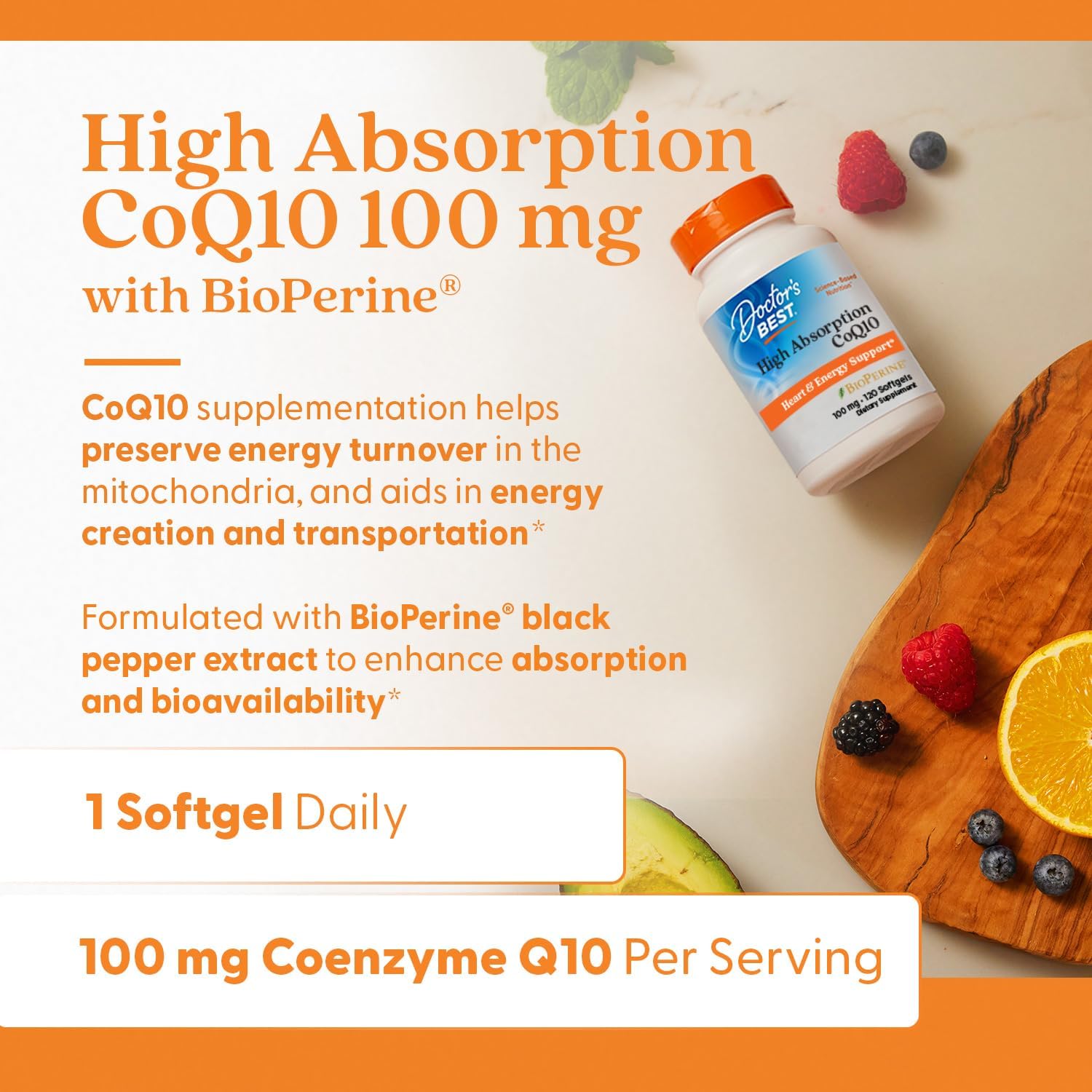 Doctor'S Best High Absorption Coq10 With Bioperine, Gluten Free, Naturally Fermented, Heart Health, Energy Production, 100 Mg, 120 Count
