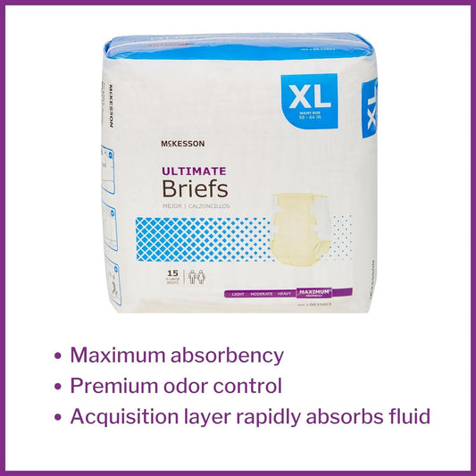 McKesson Ultimate Briefs, Incontinence, Maximum Absorbency, XL, 15 Count, 1 Pack