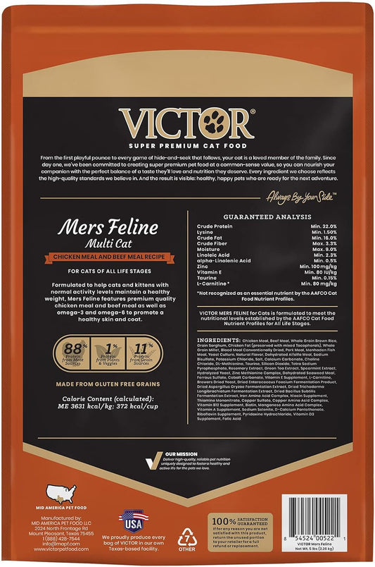 Victor Super Premium Cat Food – Mers Feline Dry Cat Food With Chicken, Beef, Pork And Fish Meal Proteins For Normally Active Cats – All Breeds And All Life Stages From Kitten To Adult, 5 Lb