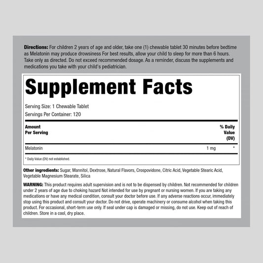 Piping Rock Kids Melatonin 1mg | 120 Chewable Tablets | Childrens Supplement | Non-GMO, Gluten Free