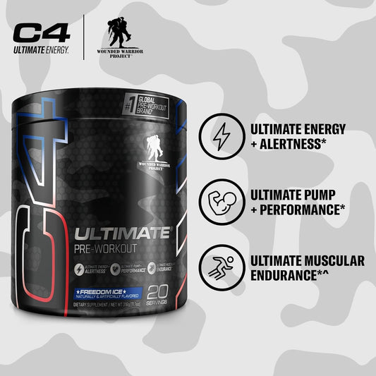 C4 Ultimate x Wounded Warrior Project Pre Workout Powder Freedom Ice - Sugar Free Preworkout Energy Supplement for Men & Women - 300mg Caffeine + 3.2g Beta Alanine + 2 Patented Creatines - 20 Servings