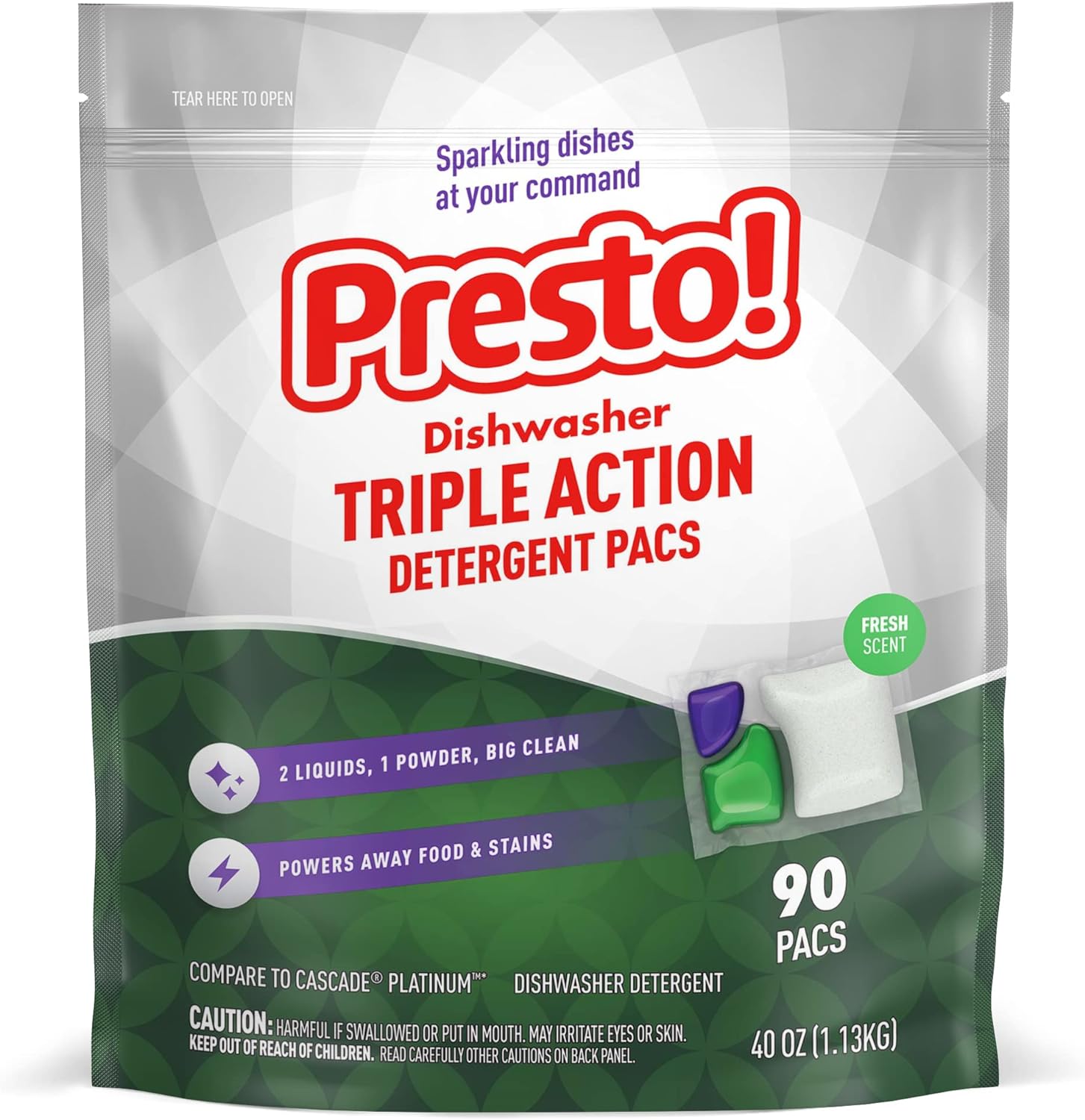 Amazon Brand - Presto! Triple Action Dishwasher Pacs, Fresh Scent, 90 Count