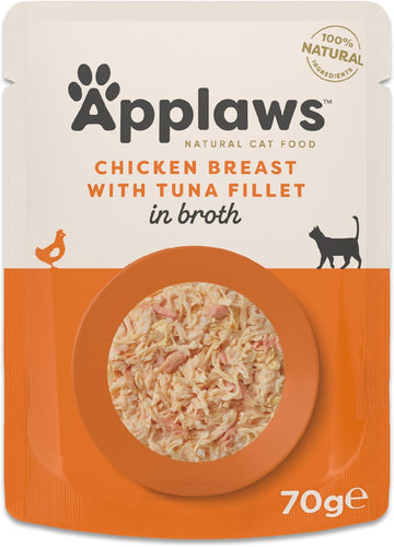 Applaws 100% Natural Adult Wet Cat Food, Chicken Breast with Tuna Fillet in Broth 70g Pouch (12 x 70 g Pouches)