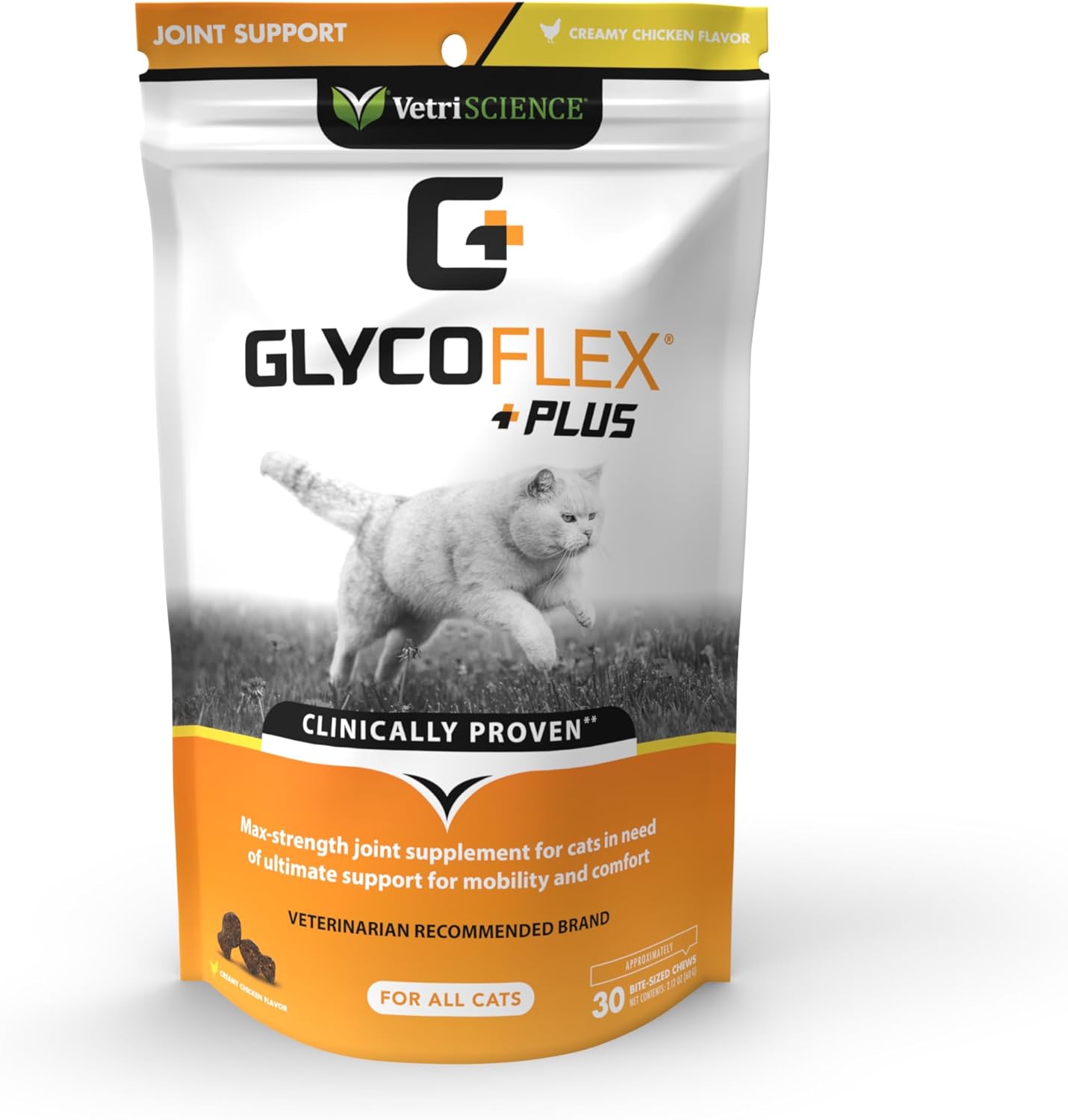 VetriScience GlycoFlex Plus Chondroitin Joint Support Cat Supplements, Creamy Chicken Flavor, 30 Chews - Clinically-Proven Hip and Joint Health Supplement with MSM, DMG and Glucosamine for Cats?