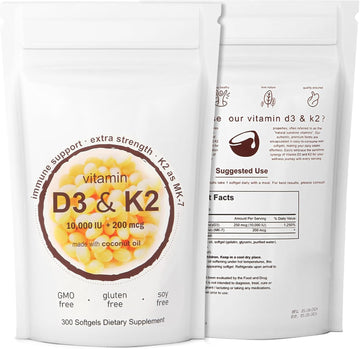 Vitamin D3 K2 Supplement Softgel, 2-In-1 10000 Iu Vit D3 + 200 Mcg Vitamin K2, Free Of Gmo, Gluten, Soy, Aiding In Calcium Absorption, 300 Pcs (300 Pcs)