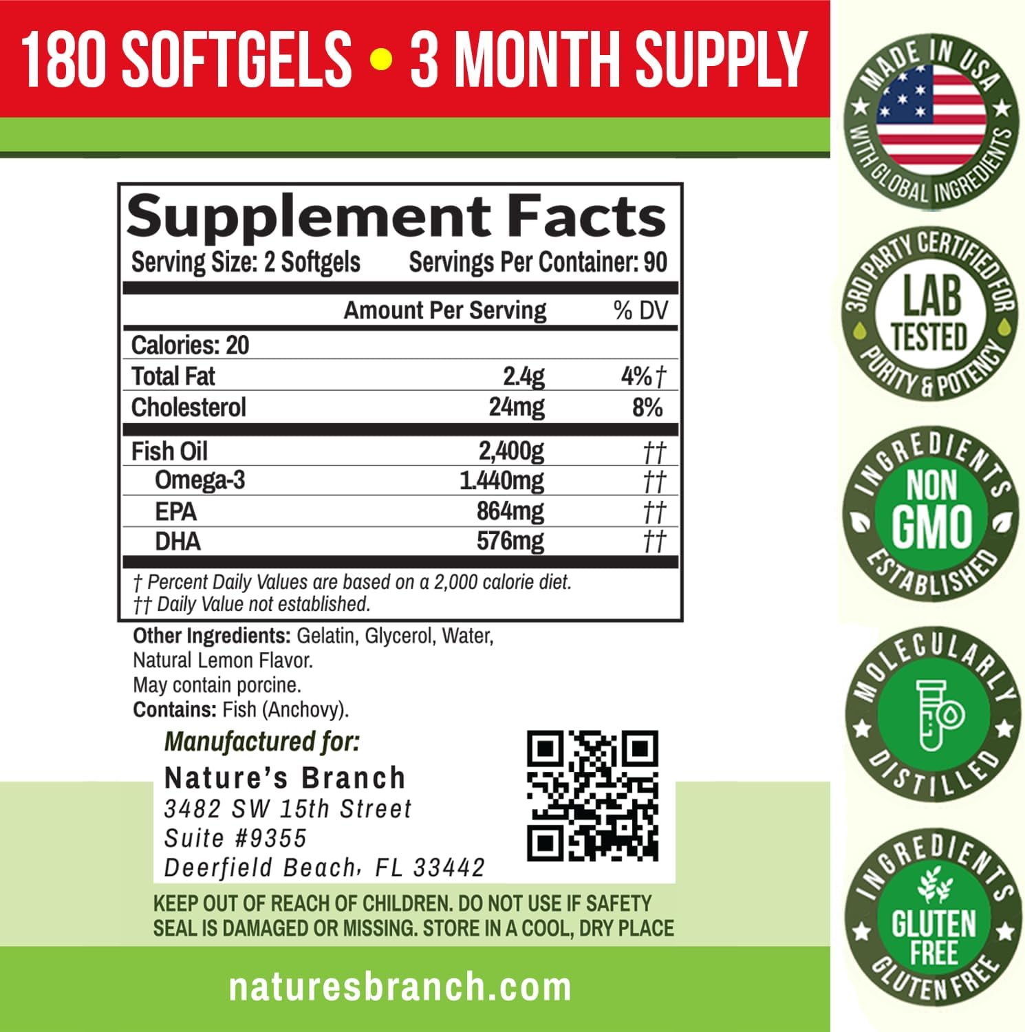 Buy Best Triple Strength Omega 3 Fish Oil Pills - 180 Capsules - 2400Mg High Potency Burpless Lemon Flavor 864Mg Epa 576Mg Dha Ultra Pure Liquid Softgels For Brain Joints Eyes Heart Health Supplement On  Free Shipping On Qualified Orders