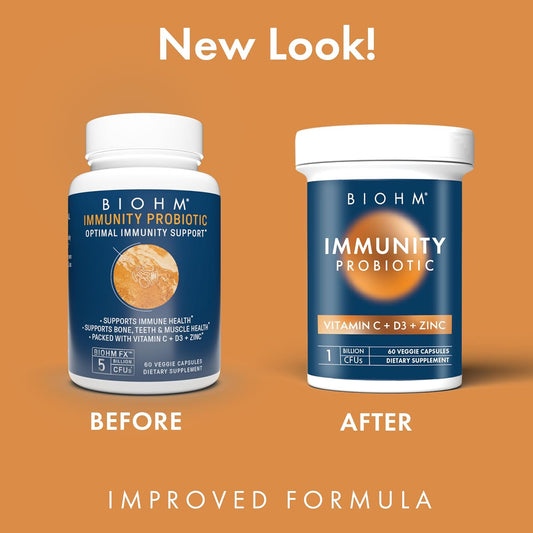 Biohm Immunity Probiotic With Vitamin C, D3 & Zinc, 1 Billion Cfu (60 Capsules) Daily Probiotics For Women & Men, Digestive Health & Immune Support, Vegan, Gluten-Free And Non-Gmo