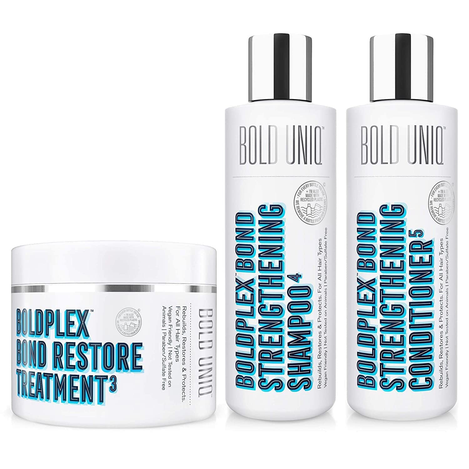 Bold Uniq Boldplex Bond Repair Hair Protein Treatment Bundle. Regime For Dry Damaged Hair. Hydrating & Conditioning For Curly, Colored, Frizzy, Broken & Bleached Hair. Paraben & Sulfate Free