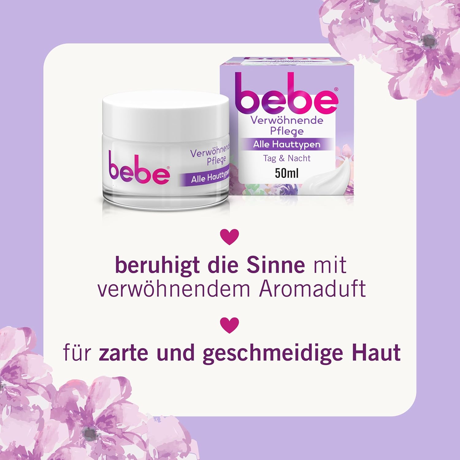 bebe Day & Night Care (50 ml), Moisturising Face Cream for All Skin Types, Nourishing Day and Night Cream with Moon Blossom and Vanilla Fragrance, Vegan