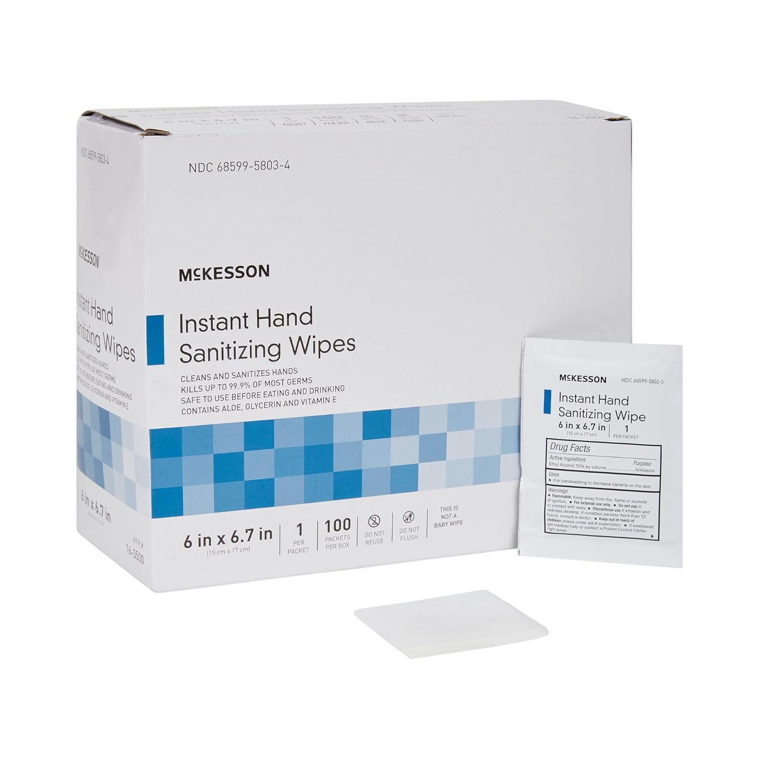 McKesson Instant Hand Sanitizing Wipes with Aloe, Glycerin and Vitamin E, Sterile, Individually Wrapped Single Towelettes, 100 Wipes, 1 Pack