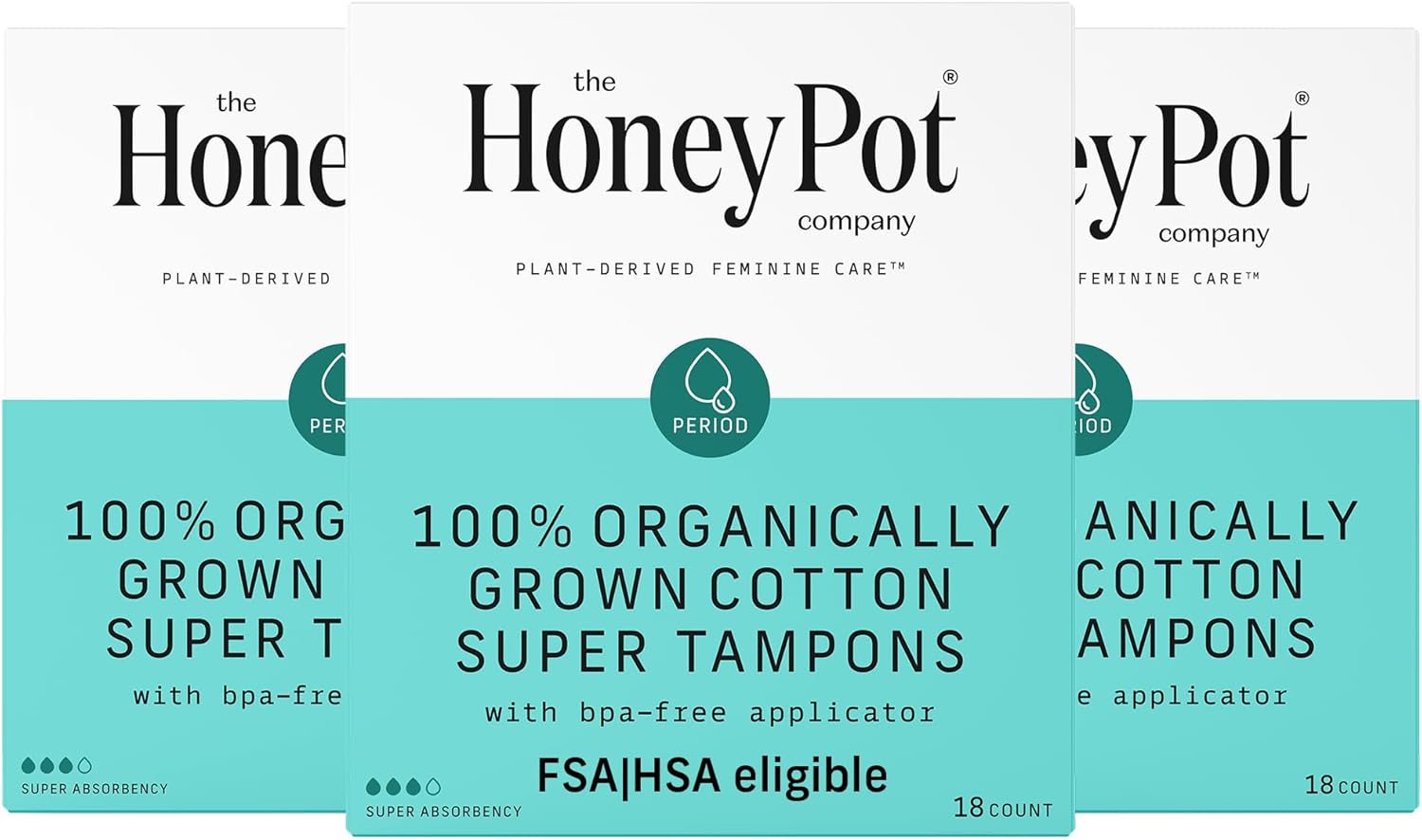 The Honey Pot Company - Organic Tampons W/Bio Plastic Applicator - Feminine Menstrual Products – Natural, Plant-Based - Super Absorbency Unscented Tampons - 18 Count - Pack Of 3