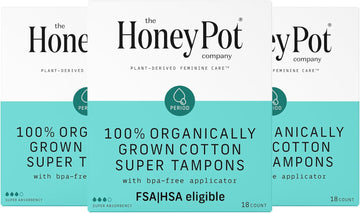 The Honey Pot Company - Organic Tampons W/Bio Plastic Applicator - Feminine Menstrual Products – Natural, Plant-Based - Super Absorbency Unscented Tampons - 18 Count - Pack Of 3