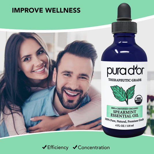 Pura D'Or Organic Spearmint Essential Oil (4Oz With Glass Dropper) Usda Certified 100% Pure & Natural Therapeutic Grade Diffuser For Aromatherapy, Focus, Concentration, Mood Uplift