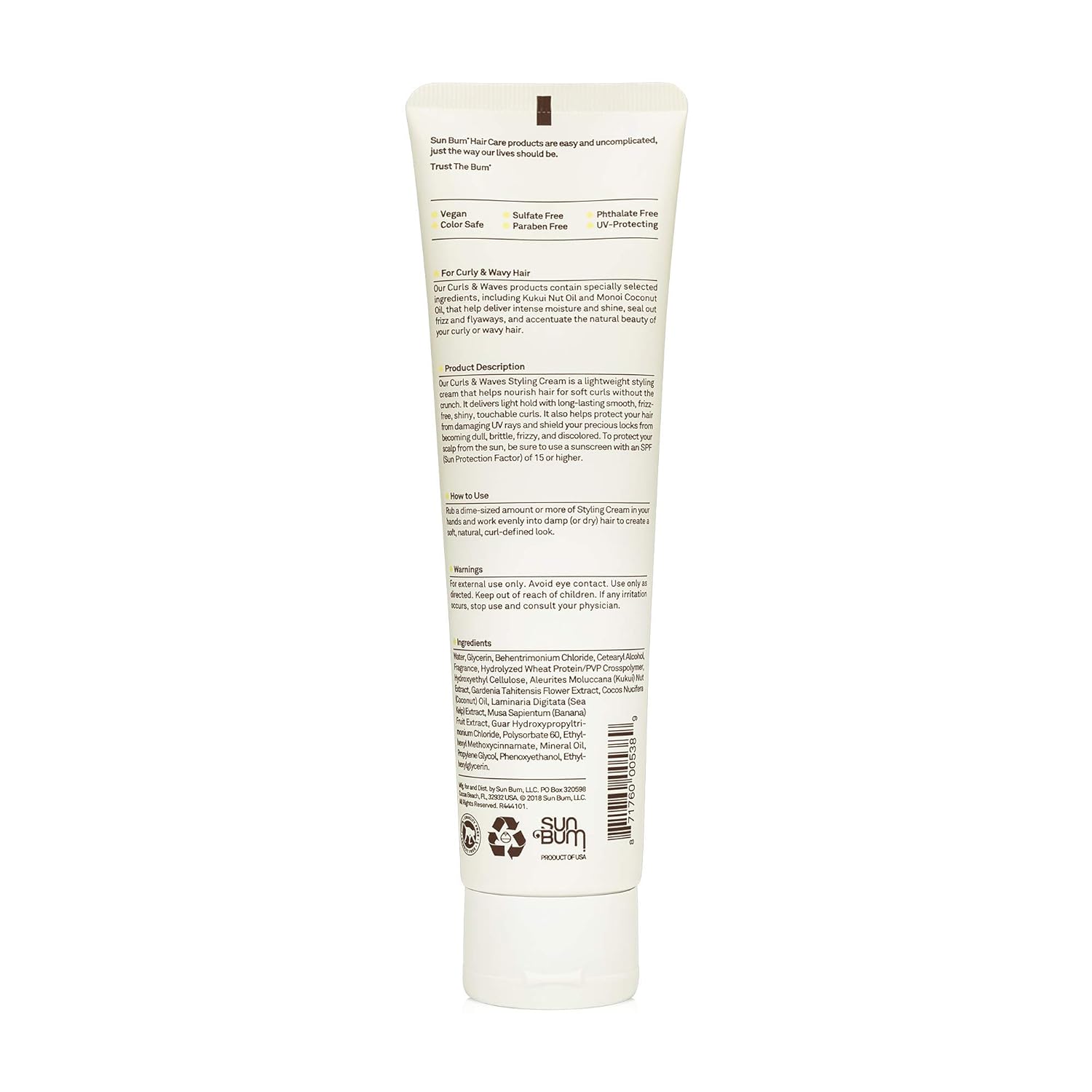 Sun Bum Curls And Waves Styling Cream - Lightweight Formula For Wavy And Curly Hair - Nourishing Kukui Nut And Coconut Oil - Frizz Free Finish - Vegan And Cruelty Free - 5 Oz