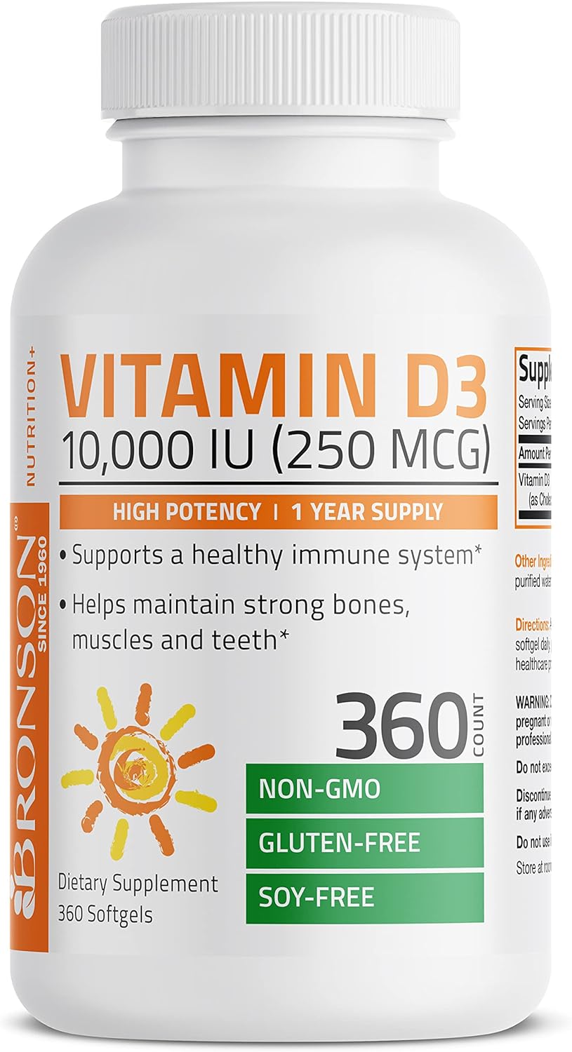 Bronson Vitamin D3 10,000 IU (250 mcg) High Potency - Supports Healthy Immune System, Strong Bones, Muscles & Teeth - Non GMO, 360 Softgels (1 Year Supply) : Health & Household