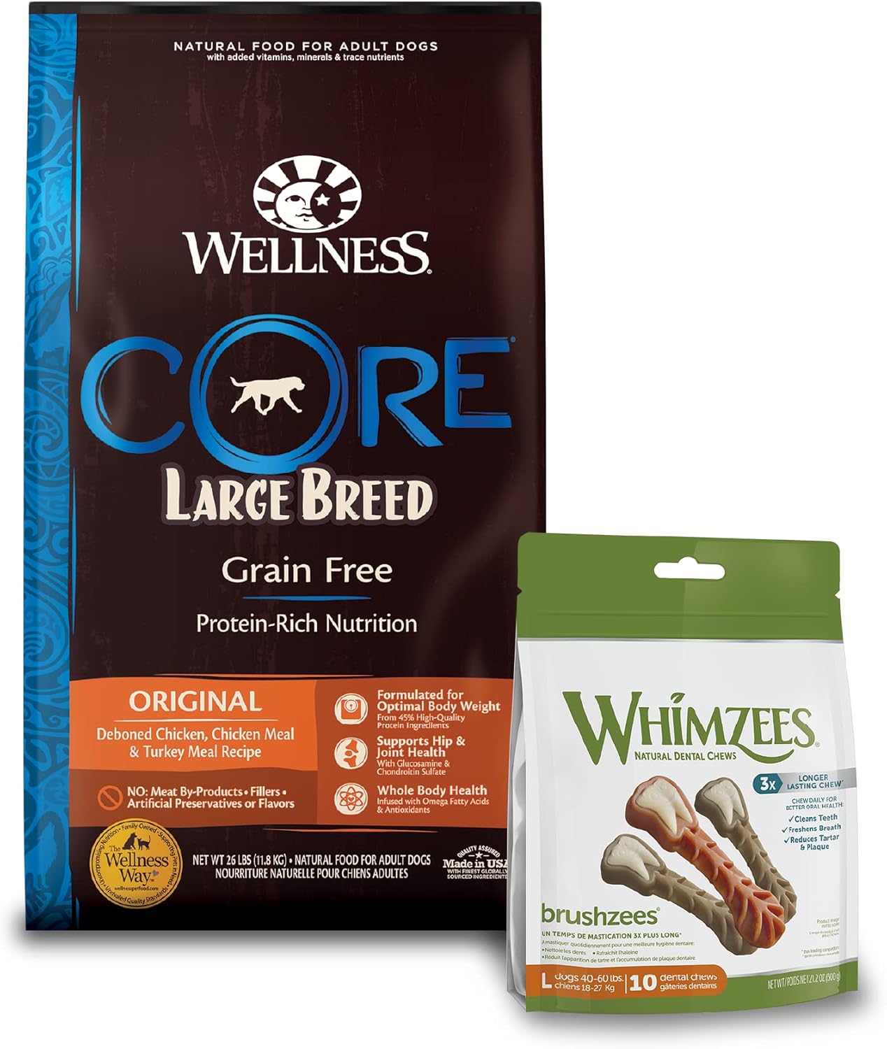 Whimzees Wellness Core Grain Free Large Breed Dry Dog Food, Chicken, Chicken Meal & Turkey Meal, 26 Lb Bag Brushzees Dog Dental Treats, Large, 6 Chews