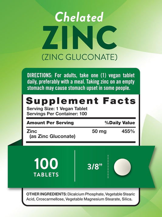 Nature'S Truth Chelated Zinc 50Mg | 100 Tablets | Essential Mineral Supplement | From Zinc Gluconate | Vegetarian, Non-Gmo, Gluten Free