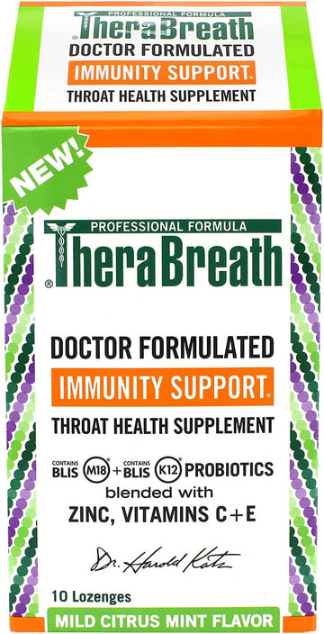 TheraBreath Immunity Support Doctor Formulated Throat Health Supplement Lozenges with Zinc, Mild Citrus Mint, 10 Count