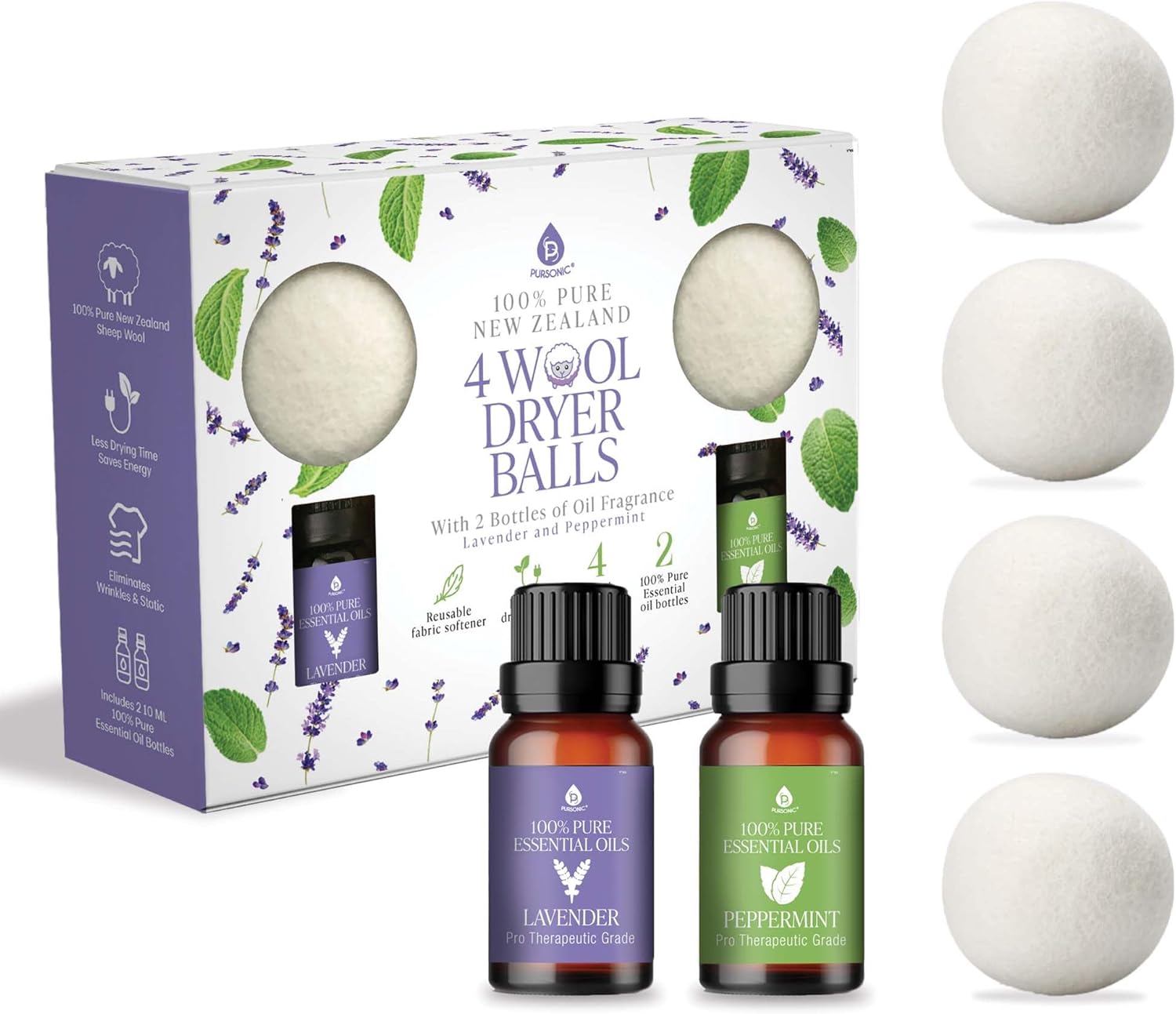Pursonic 4-Pack Laundry Wool Dryer Balls With Lavender & Peppermint Essential Oil Scent - Reusable Fabric Softener Balls Made From Pure New Zealand Wool - 2.75" Diameter
