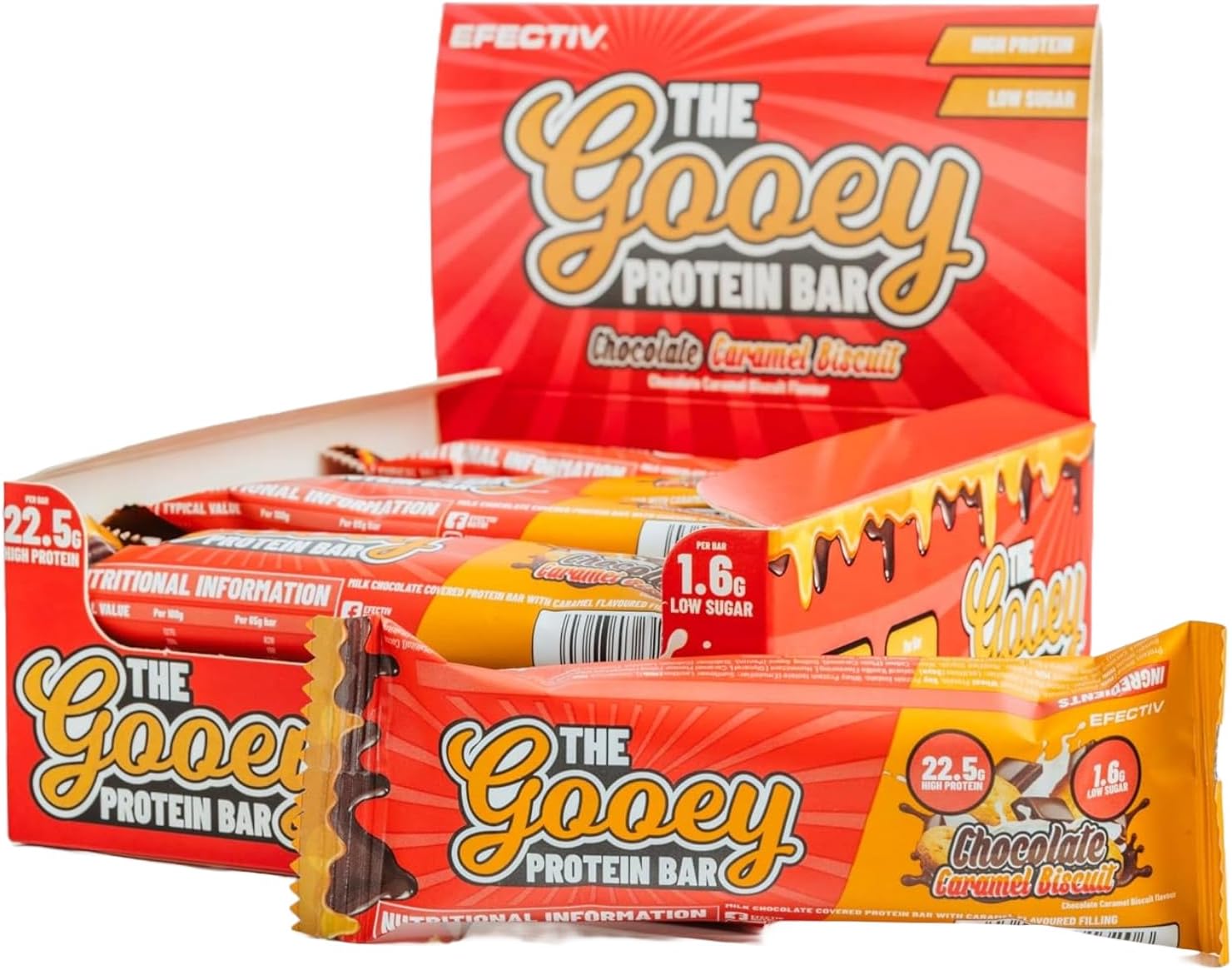 Efectiv Nutrition Chocolate Caramel Biscuit Gooey Bars - 22.6g Protein - 12 x 65g - Low Sugar, High Protein Bars -198 Calories : Amazon.co.uk: Health & Personal Care