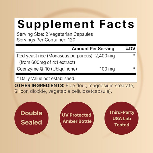 Naturebell Red Yeast Rice 2,400Mg With Coq10 100Mg | 240 Veggie Capsules (1,200Mg Per Capsule) – Max Strength Herbal Supplement – Antioxidant Support For Energy & Heart Health – Non-Gmo