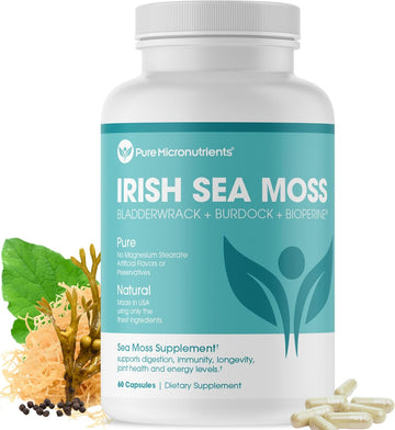 Pure Micronutrients Irish Sea Moss Capsules - 100% Organic Irish Seamoss Pills With Bladderwrack, Burdock & Black Pepper For Energy, Immunity, Thyroid, Digestion, Heart And Joint Health