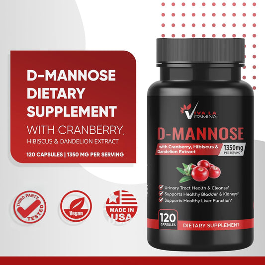 D-Mannose Supplement with Cranberry, Hibiscus, Dandelion Extract 1350mg ? High-Strength D Mannose Pills for Bladder, Urinary Tract Support and Cleanse, Liver Health (120 Capsules)