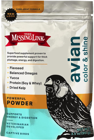 The Missing Link Avian Color & Shine Superfood Supplement Powder For Captive Birds - Flaxseed, Yucca, Kelp, Phytonutrients & Protein - Supports Energy, Plumage, Digestive & Immune Health - 3.5Oz