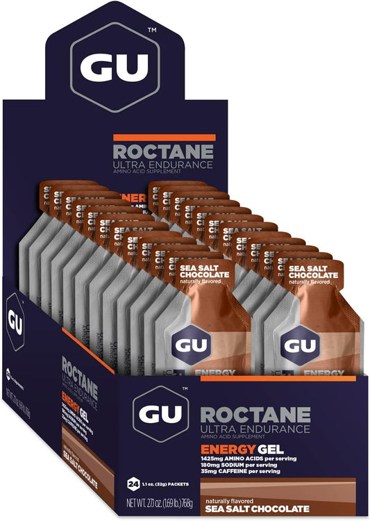 Gu Energy Roctane Ultra Endurance Energy Gel, Vegan, Gluten-Free, Kosher, And Dairy-Free On-The-Go Sports Nutrition For Running, Biking, Hiking Or Skiing, Sea Salt Chocolate, 24-Count