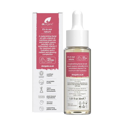 Dr. Organic Guava Vitamin C Moisture Boosting Oil | Hydrating & Brightening For Dull, Dehydrated Skin, With Tropical Guava Extract, 100% Natural Origin, Vegan, 30 Ml / 1 Fl Oz