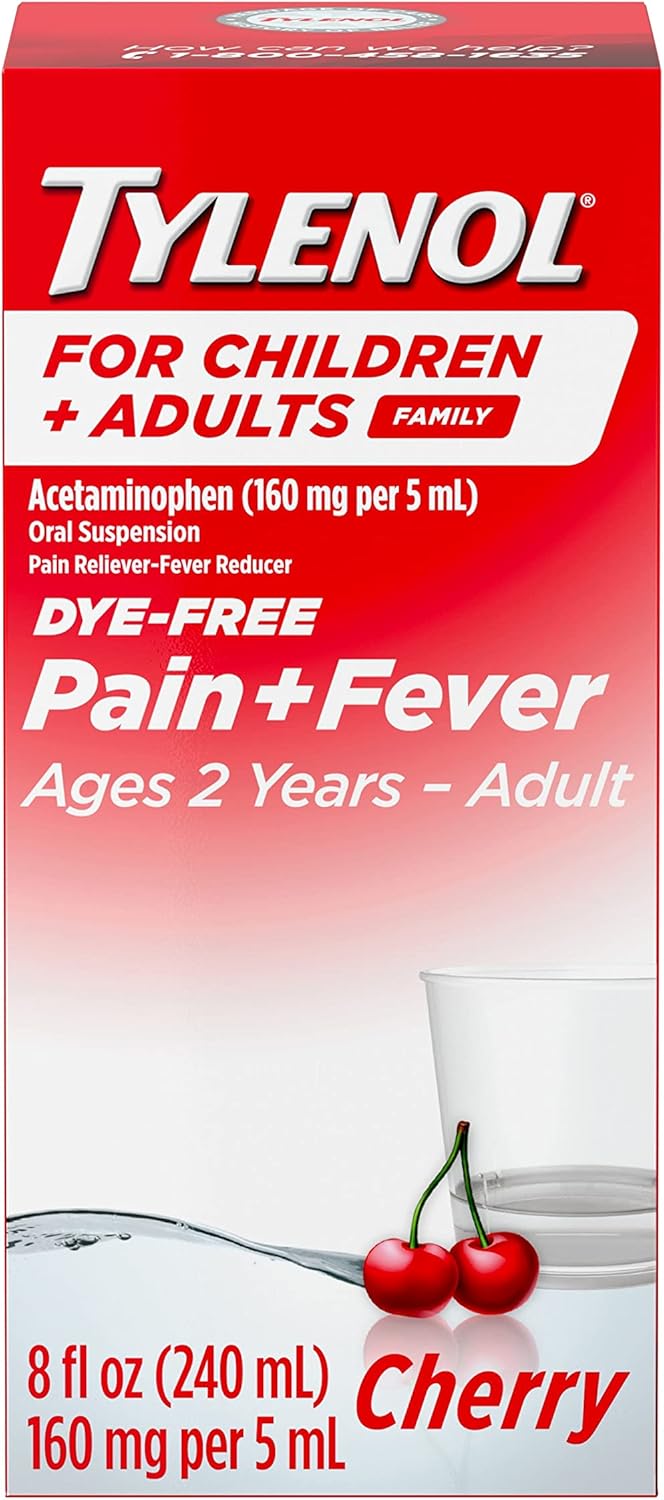 Tylenol For Children & Adults Liquid Pain Relief And Fever Medication, Oral Suspension, Dye-Free Acetaminophen, Fever Reducer, Liquid Medicine For The Family; Cherry Flavor, 8 Fl. Oz.; Pack Of 1