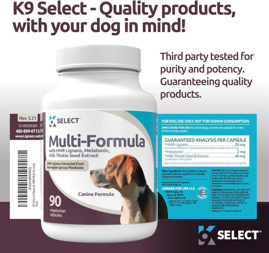 K9 Select Multi-Formula Dog Supplement For Medium Dogs - 20Mg Hmr Lignans, 2Mg Melatonin, 40Mg Milk Thistle - Helps Heart, Liver, Digestion, Skin & Coat Health, Multivitamin For Dogs, 90 Capsules