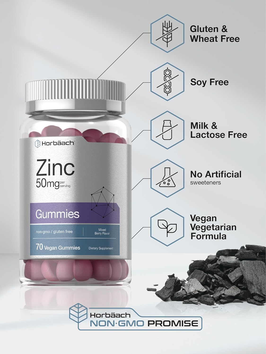 Horbäach Zinc 50mg Gummies | 70 Count | Mixed Berry Flavor | Vegan, Non-GMO and Gluten Free Formula | Zinc Citrate Dietary Supplement : Health & Household