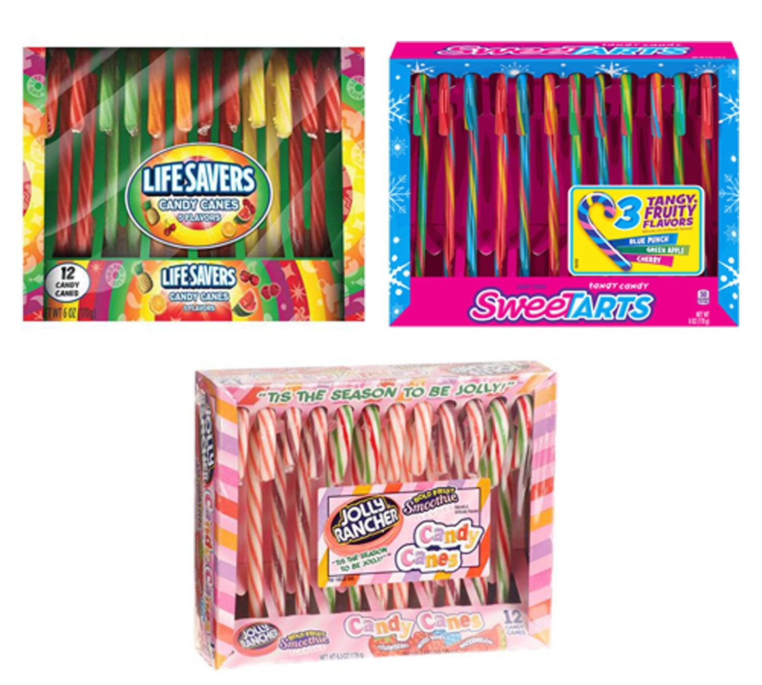 Candy Canes - 3 Pack Sampler, 12 Jolly Ranchers, 12 Sweetarts, 12 Lifesavers, 1.14 Pounds