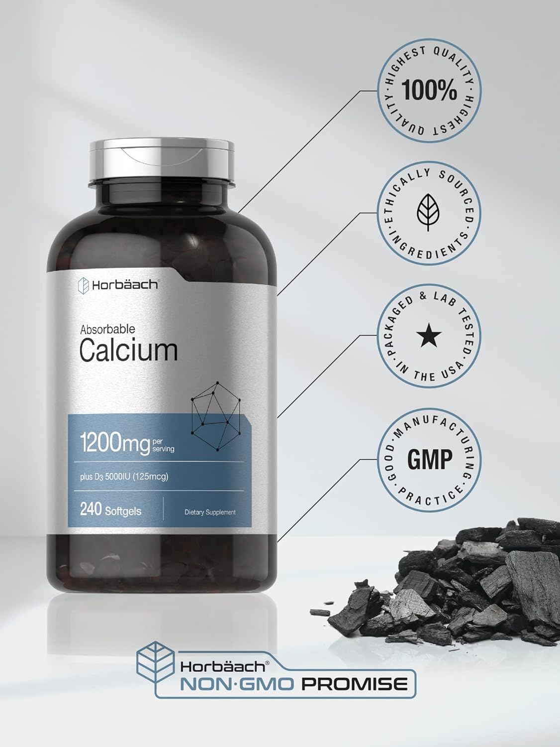 Horbäach Calcium 1200 mg with Vitamin D3 | 240 Softgels | 5000 IU Vitamin D3 | Absorbable Calcium Supplement | Non-GMO, Gluten Free Calcium Supplement : Health & Household