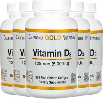 California Gold Nutrition Vitamin D3, 125 Mcg (5,000 Iu), 360 Fish Gelatin Softgels, 5 Pack