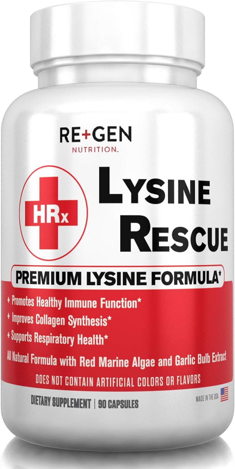 Re+Gen Nutrition Lysine Rescue, Amino Acid Supplement for Stronger Immune Health & Collagen Synthesis in Women & Men, Promotes Lips & Skin Health, Natural, Pure L-lysine, 90 Capsules, 45 Day Supply