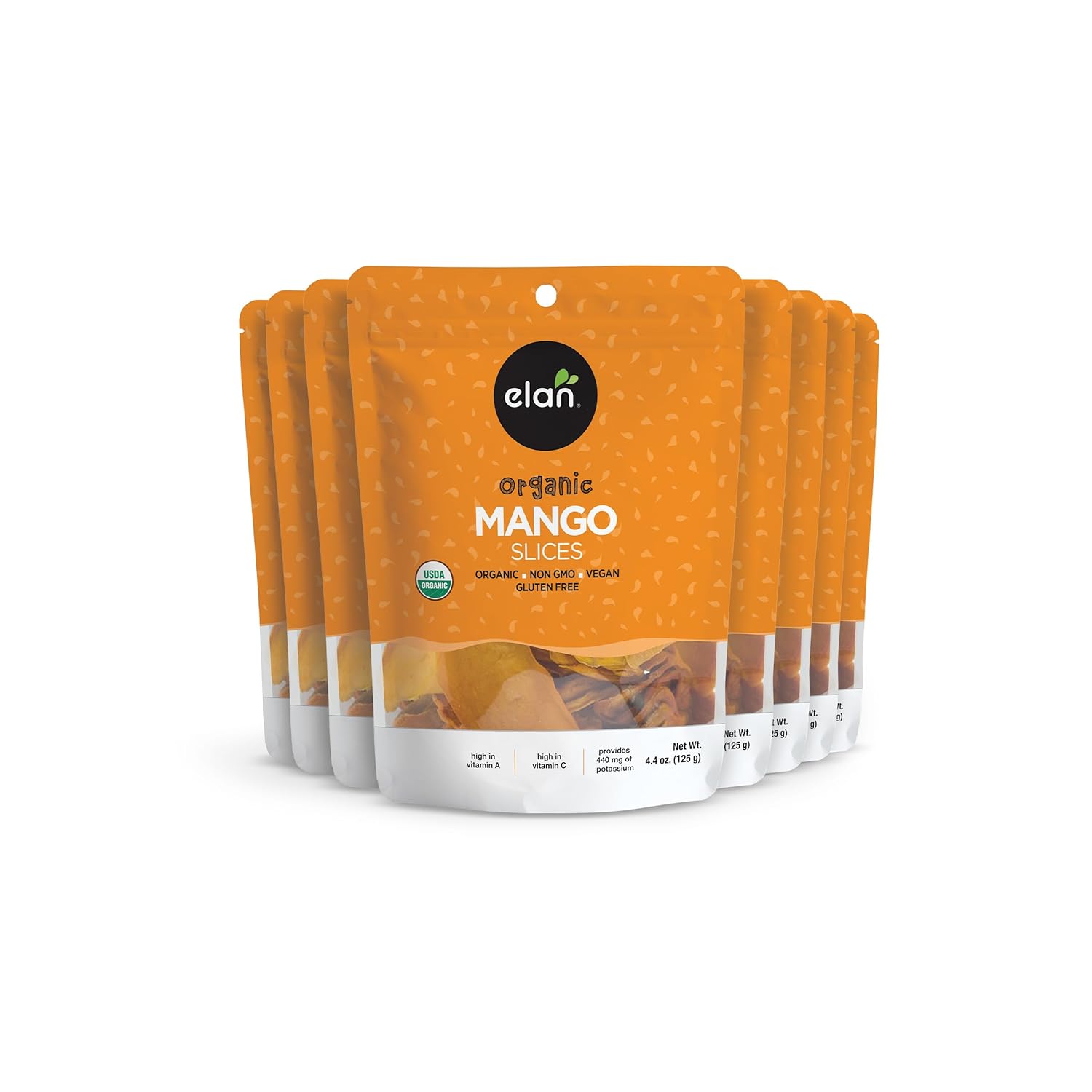 Elan Organic Dried Mango Slices, Sulphite-Free, No Sugar Added, Non-Gmo, Vegan, Gluten-Free, Kosher, Healthy Dried Fruit Snacks, 8 Pack Of 4.4 Oz