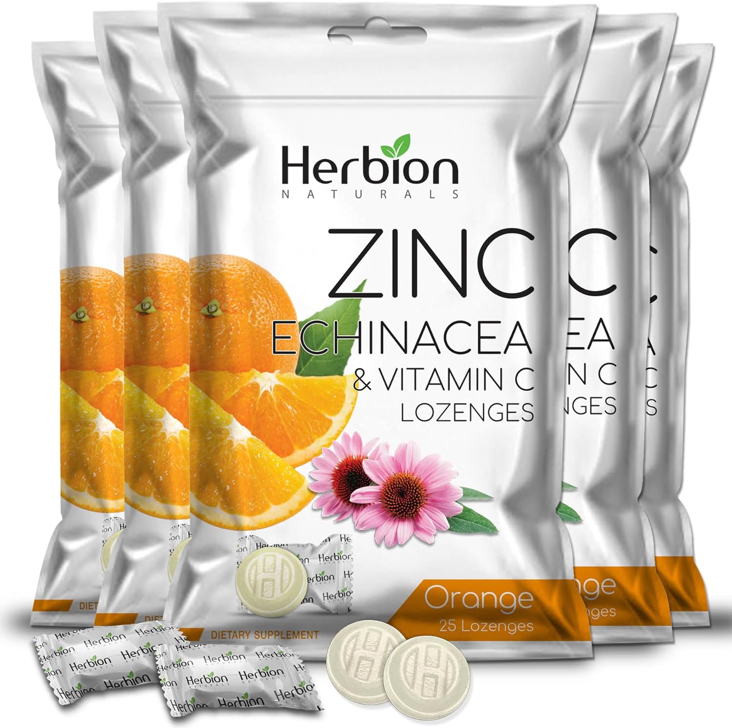 Herbion Naturals Zinc, Echinacea & Vitamin C Lozenges with Orange Flavor, 25 CT - Dietary Supplement for Adults & Children 5+ - Promotes Wellness for The Whole Family