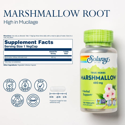 Solaray Marshmallow Root 480 Mg Healthy Respiratory Function & Digestion Support Non-Gmo & Vegan 100 Vegcaps