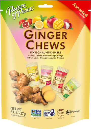 Prince Of Peace Ginger Chews Assorted Flavors, 8 Oz - Lemon, Lychee, Blood Orange, Mango - Candied Ginger Variety Pack - Natural Candy Pack