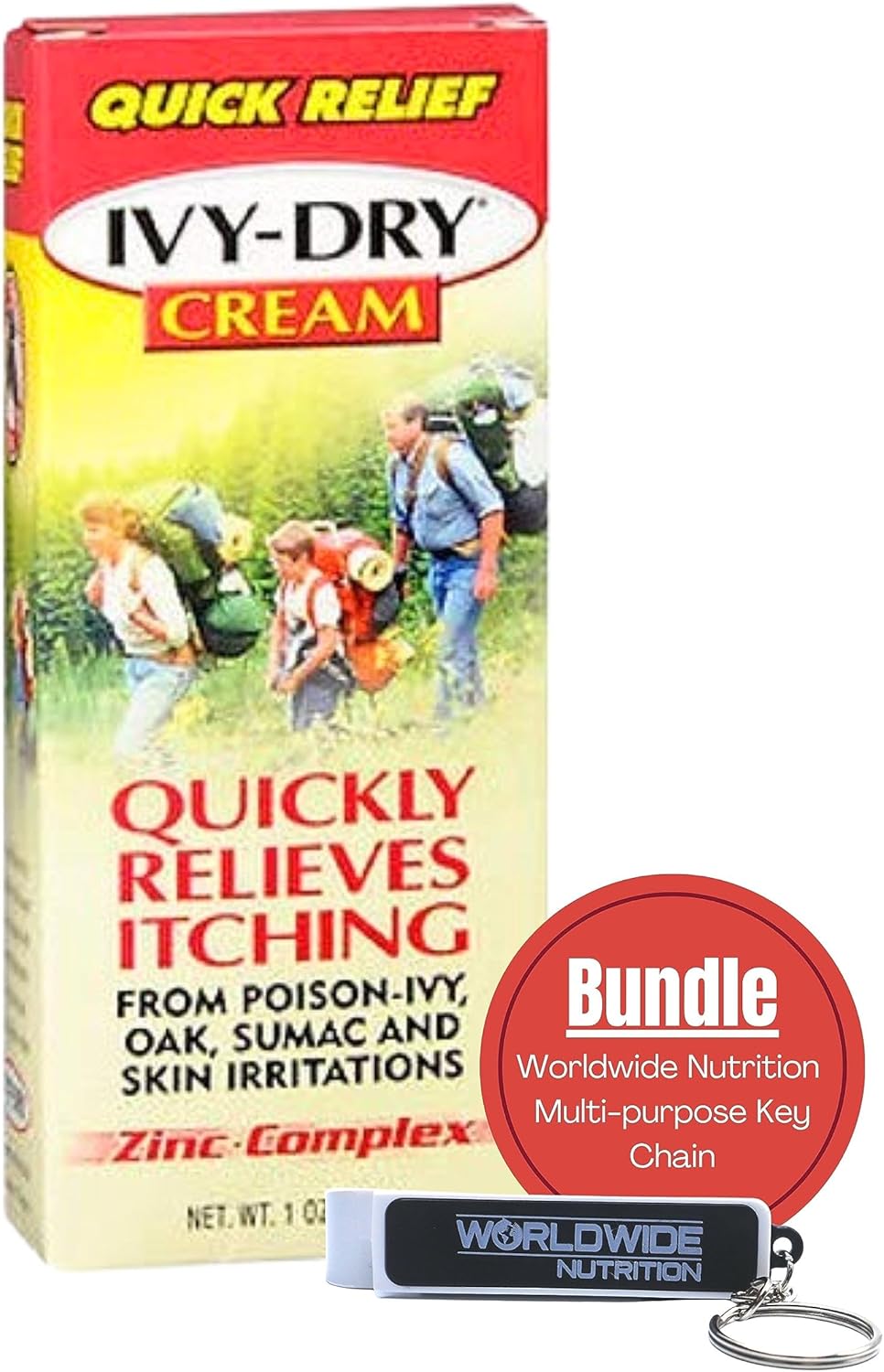 Worldwide Nutrition Bundle - Ivy Dry Anti Itch Cream Extra Strength And Fast Acting Itch Relief From Poison Ivy, Sumac, Skin Irritation And Poison Oak, 1Oz Ivy Block & Multi-Purpose Keychain