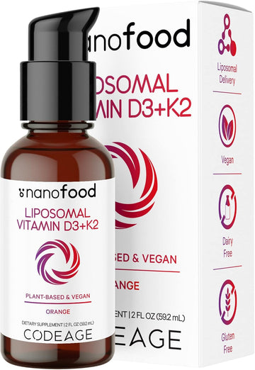 Codeage Liquid Vitamin D3 K2 Supplement, Liposomal Vitamin D Cholecalciferol, Menaquinone Mk-7, Bone & Heart Support, Vegan Non-Gmo No Sugar, 2 Fl Oz