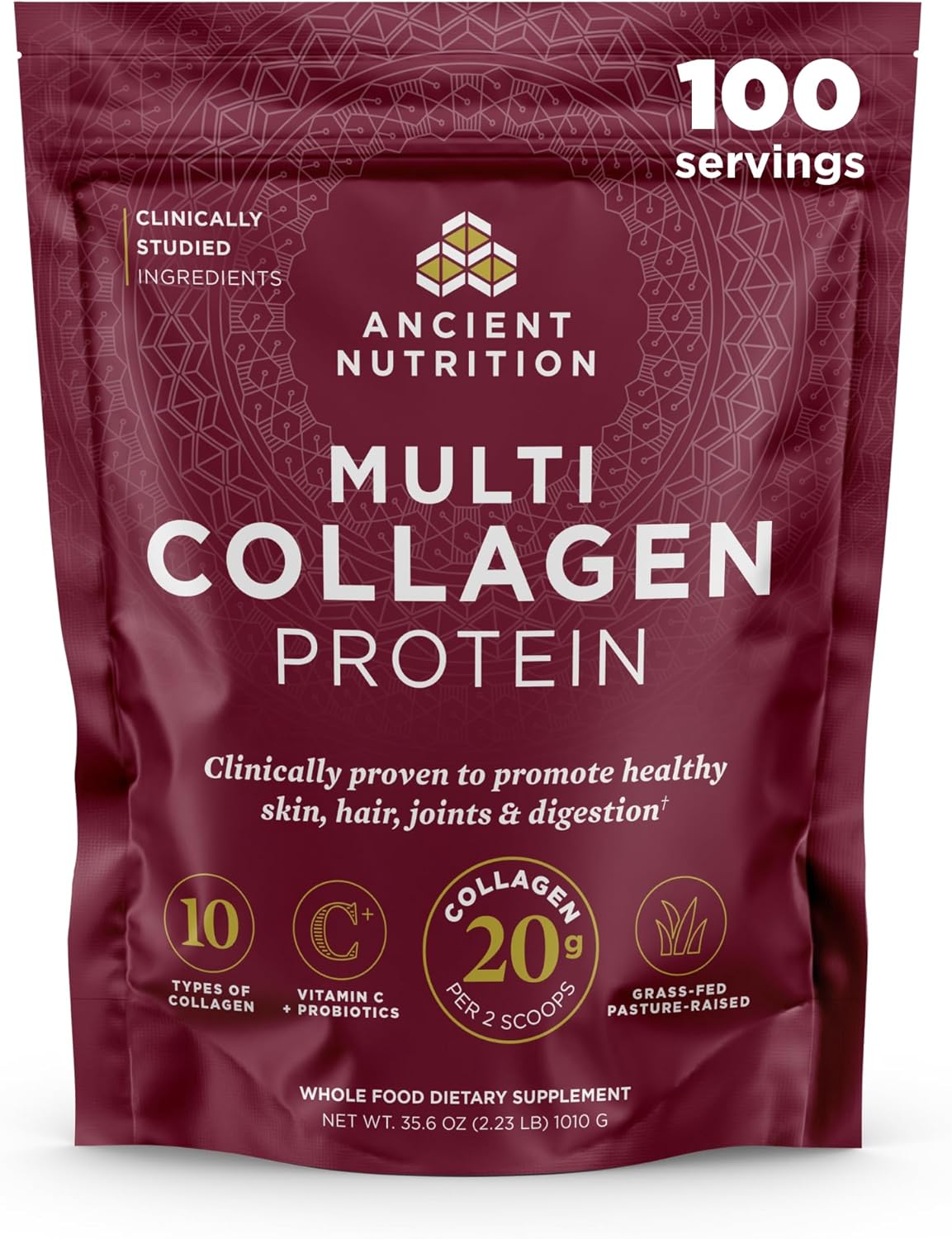 Ancient Nutrition Collagen Powder Protein With Probiotics, Unflavored Multi Collagen Protein With Vitamin C, 100 Servings, Hydrolyzed Collagen Peptides Supports Skin And Nails, Gut Health, 35.6 Oz